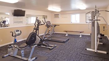 a gym with exercise equipment and a tv